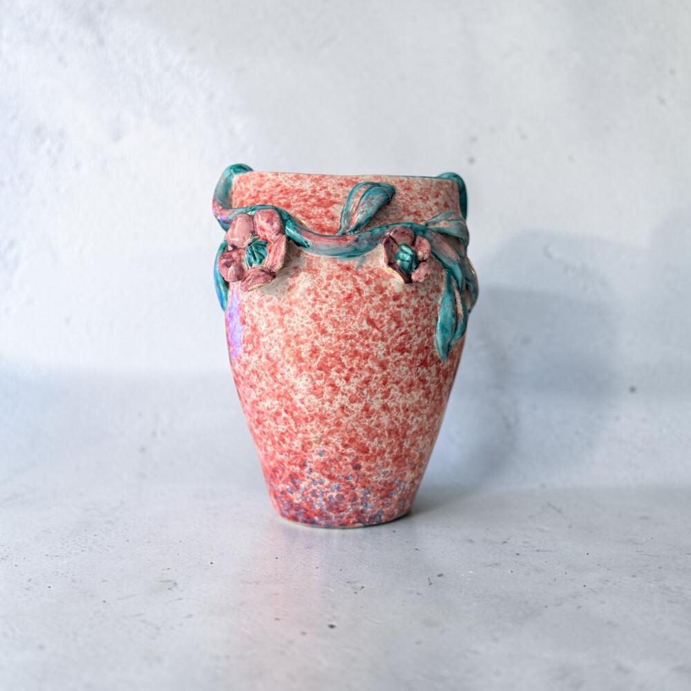 Vintage Italian Majolica Vase Pink Aqua Speckled Glaze Applied Flowers Italy 10"